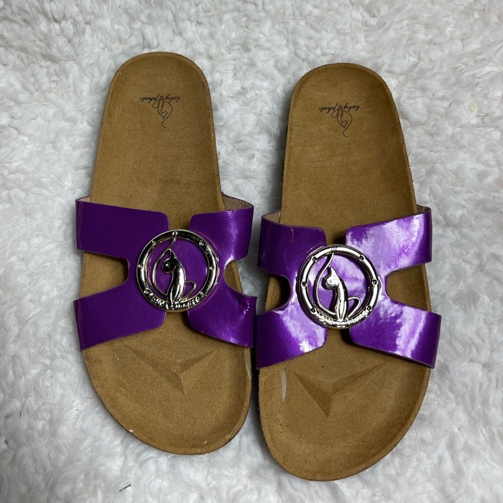 Babyphat patent purple slip on straps sandals bold silver tone logo accent SZ10